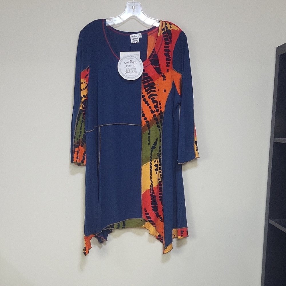 PARSLEY & SAGE Lagonlook  Blue Orange Rayon Knit 3/4 Sleeve Tunic Top